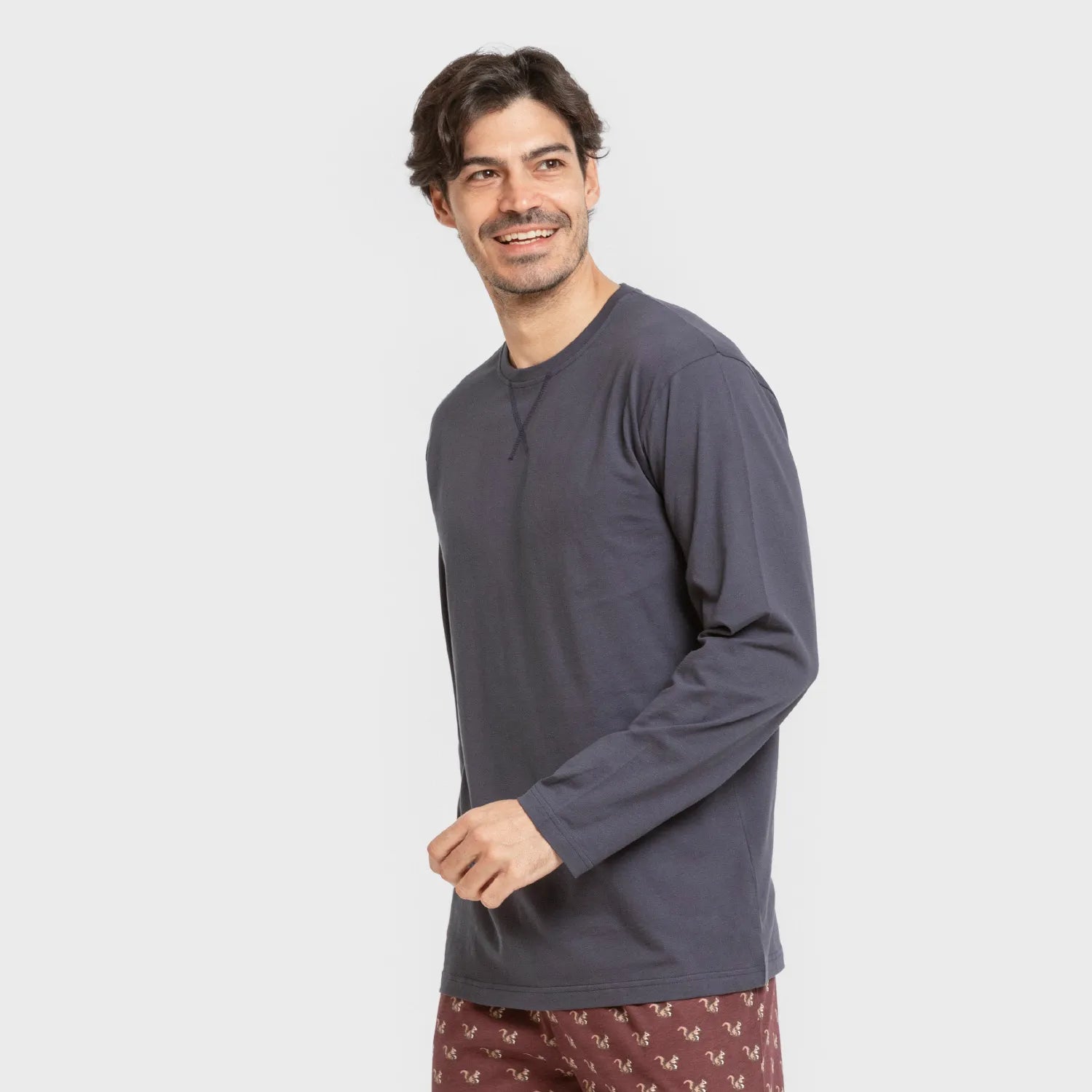 Pijama comprido masculino de algodão, estampa de esquilos azul marinho