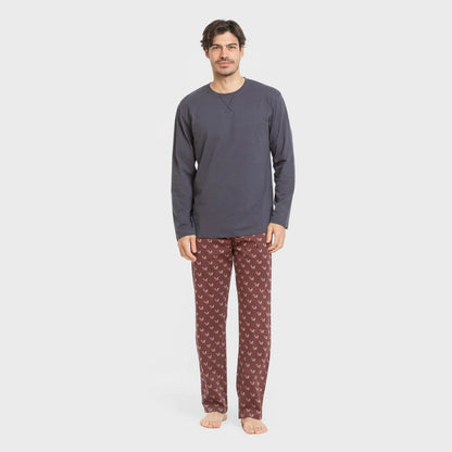 Pijama comprido masculino de algodão, estampa de esquilos azul marinho