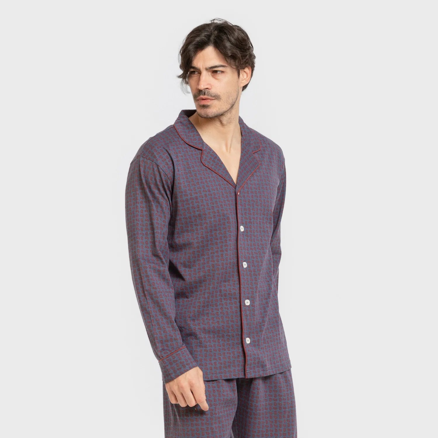 Pijama masculino longo estilo camisa de algodão, azul Conde