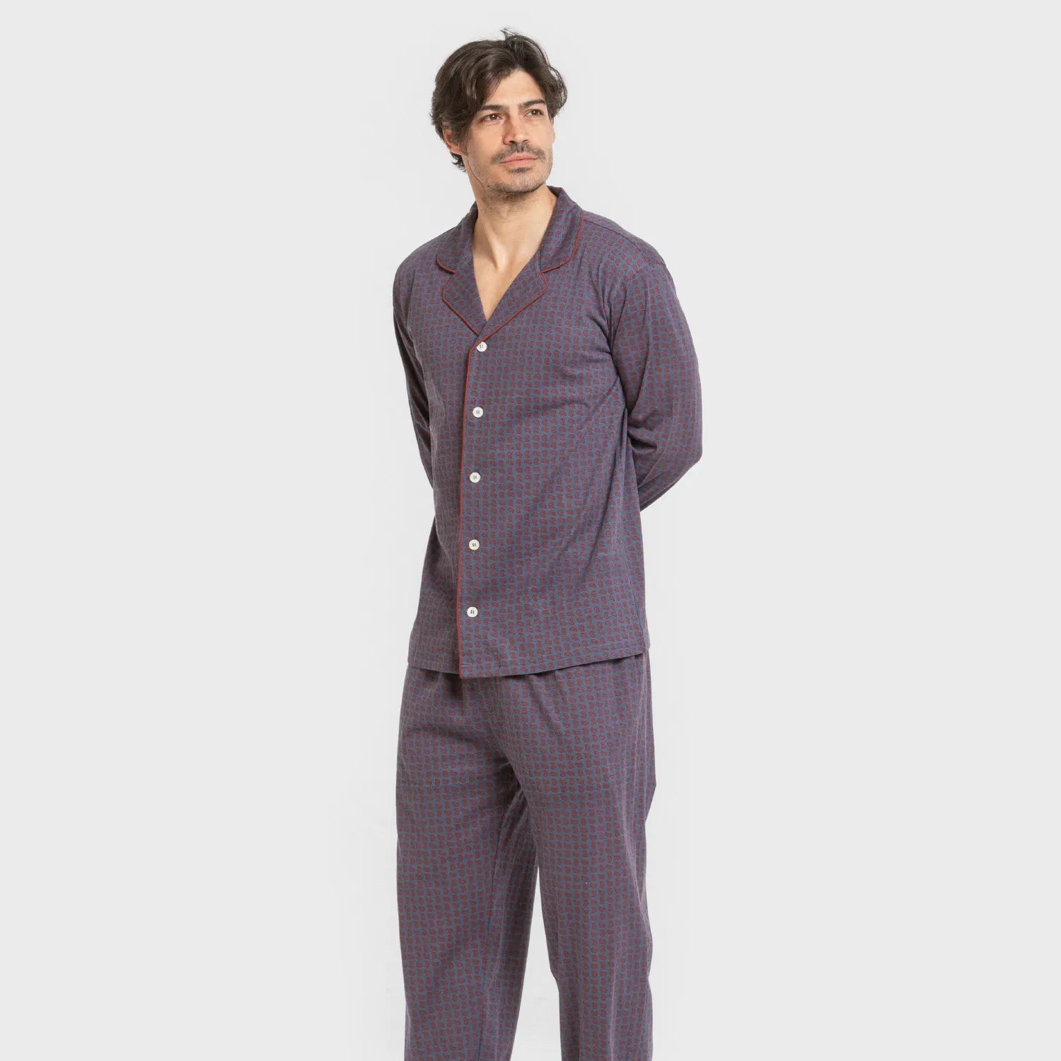 Pijama masculino longo estilo camisa de algodão, azul Conde