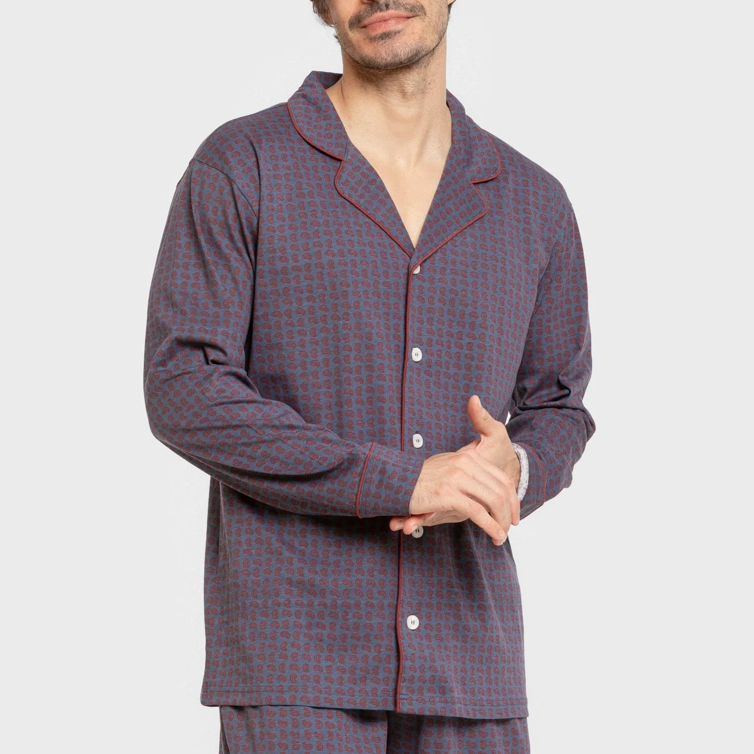 Pijama masculino longo estilo camisa de algodão, azul Conde