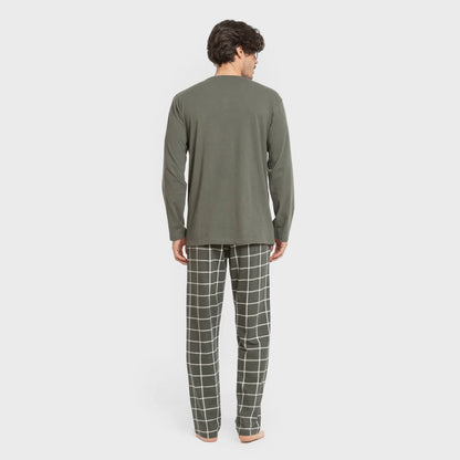 Pijama comprido masculino de algodão, xadrez verde andino para caça.