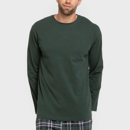 Pijama masculino comprido de algodão, estampa xadrez verde.