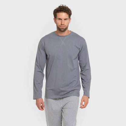 Pijama comprido masculino de algodão, Santi com listras índigo.