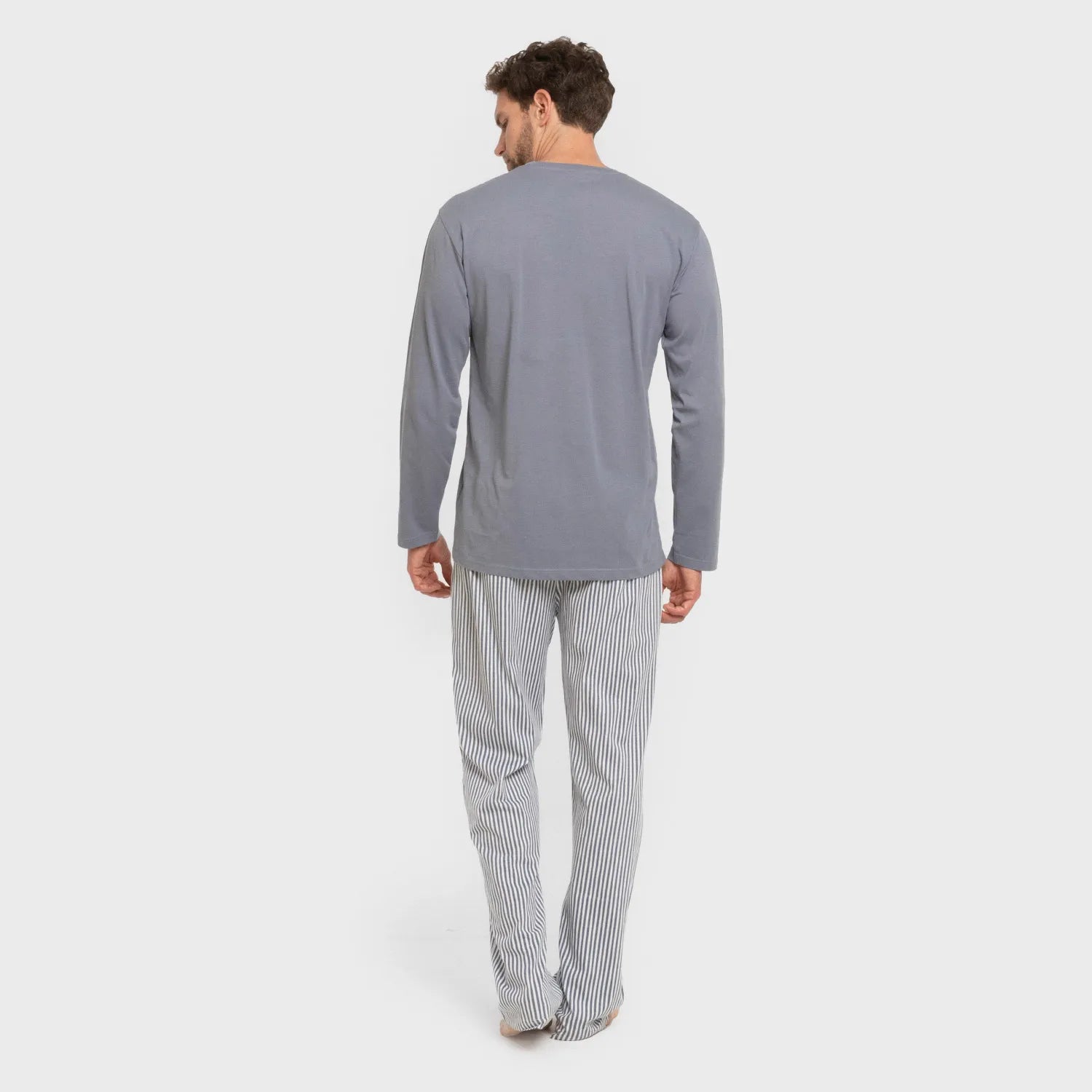 Pijama comprido masculino de algodão, Santi com listras índigo.