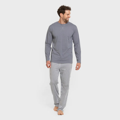 Pijama comprido masculino de algodão, Santi com listras índigo.