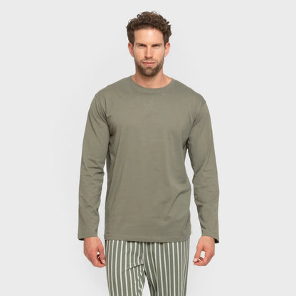Pijama comprido masculino de algodão, com listras de caça verde-albert.