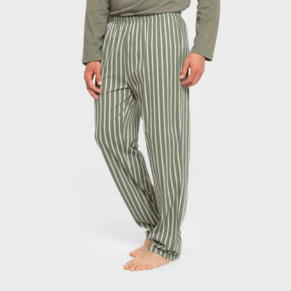 Pijama comprido masculino de algodão, com listras de caça verde-albert.