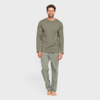 Pijama comprido masculino de algodão, com listras de caça verde-albert.
