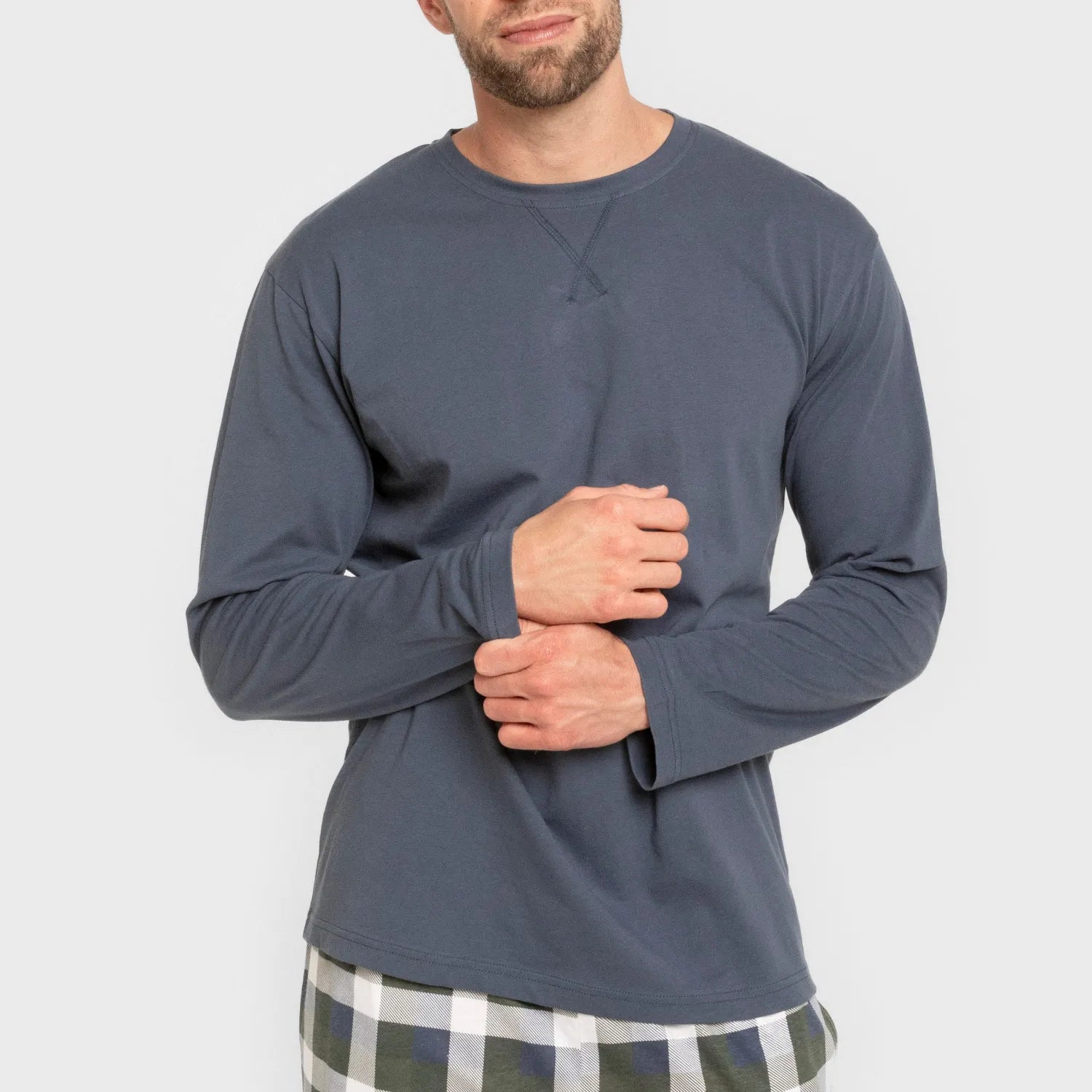 Pijama masculino comprido de algodão, xadrez Ferni, azul marinho