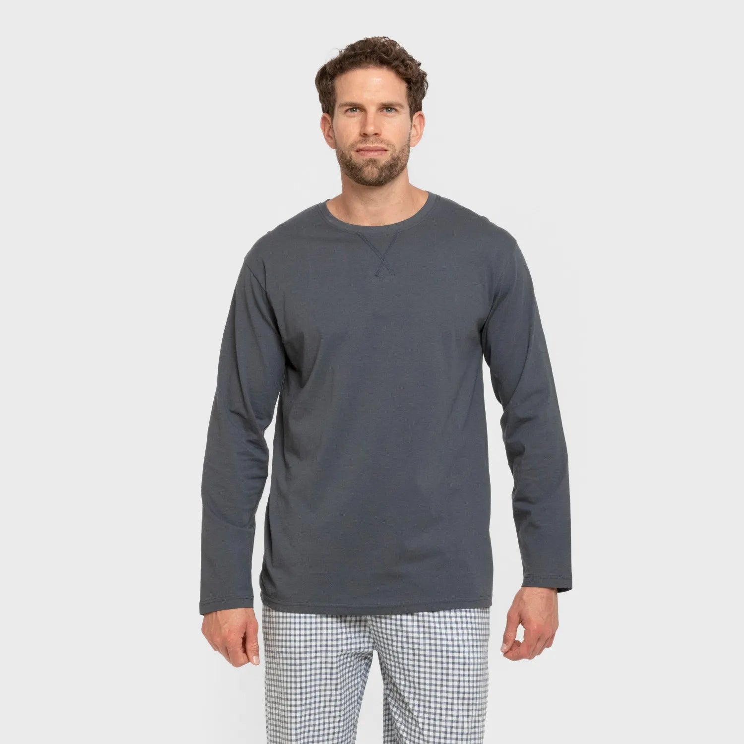 Pijama comprido masculino de algodão, xadrez azul Edmund