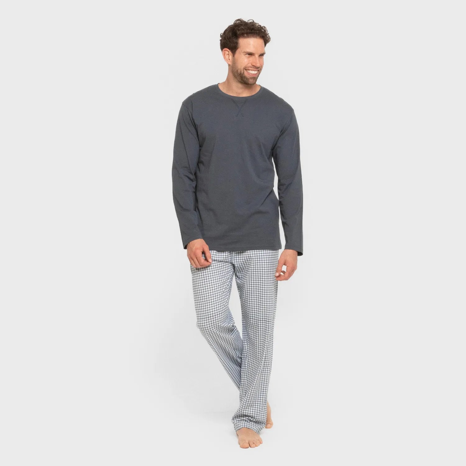 Pijama comprido masculino de algodão, xadrez azul Edmund