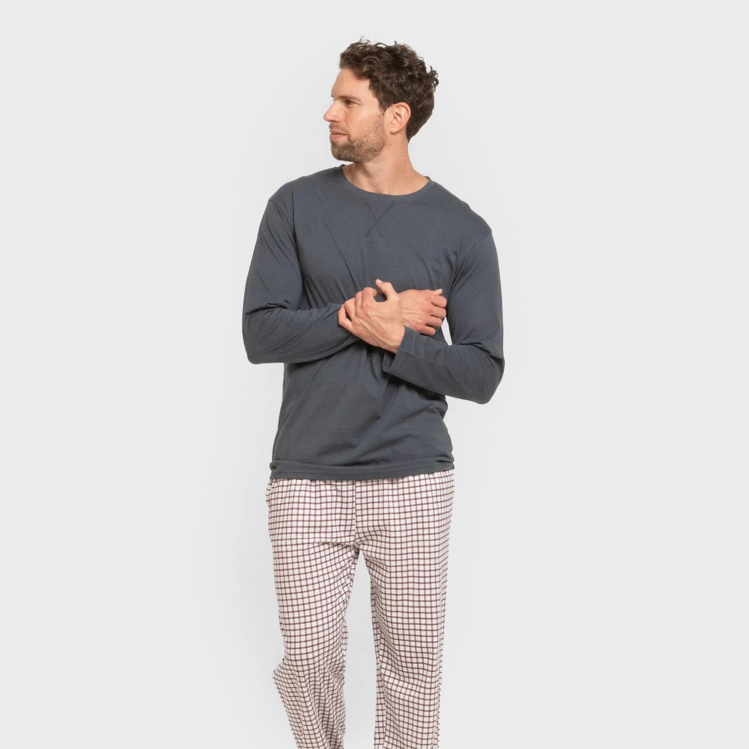 Pijama comprido masculino de algodão, xadrez azul Michael