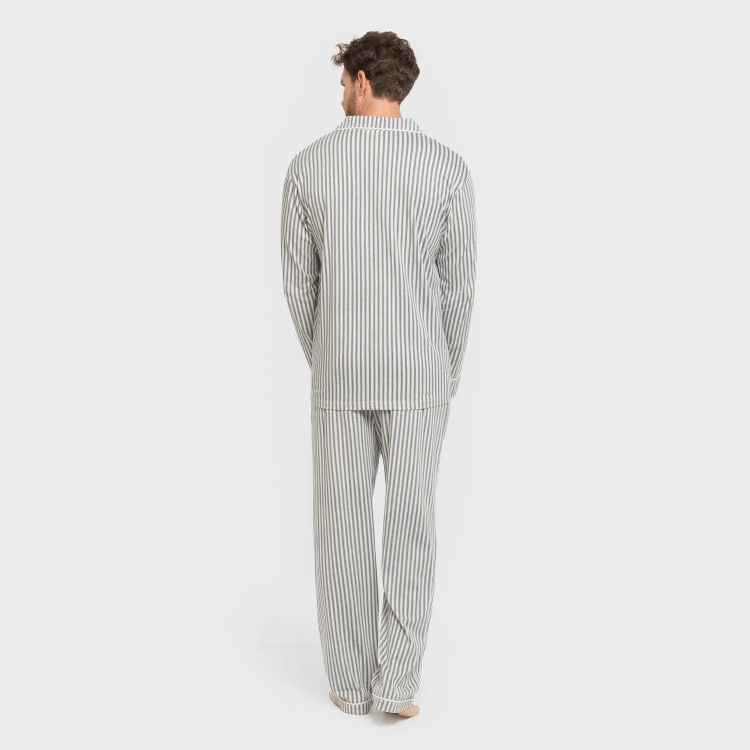 Pijama masculino longo estilo camisa de algodão, Ceballos com listras índigo.