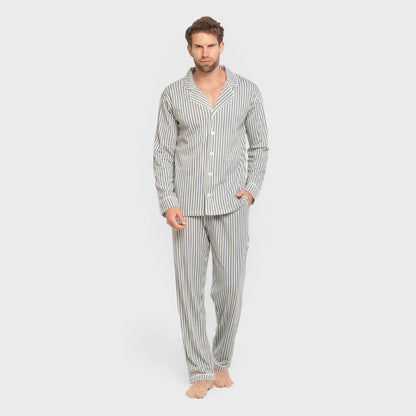 Pijama masculino longo estilo camisa de algodão, Ceballos com listras índigo.