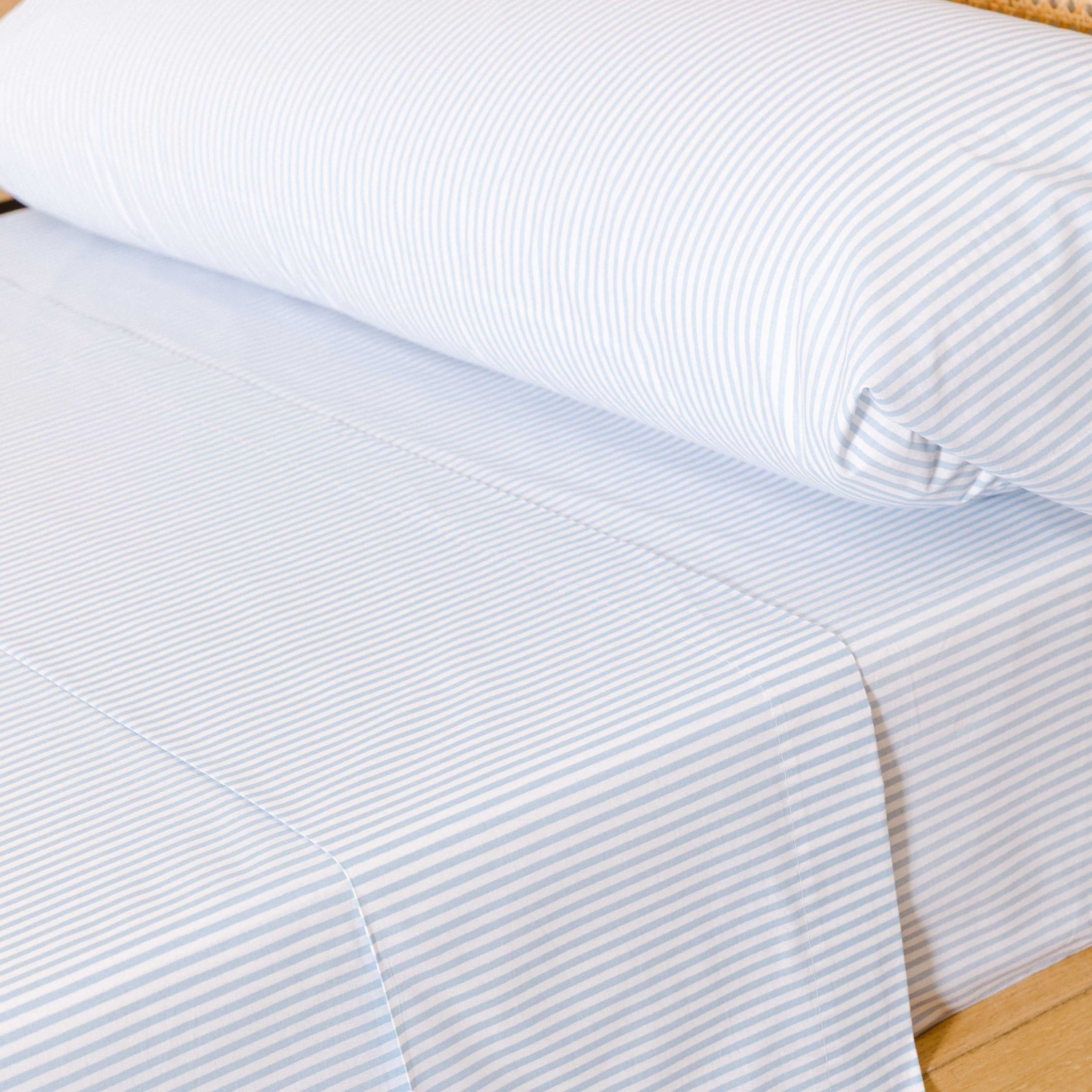 Jogo de lençóis Kodac em algodão percal listrado azul claro