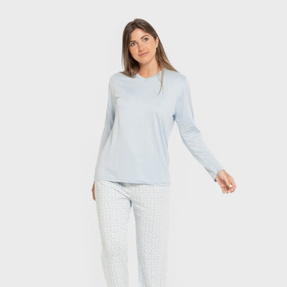 Pijama comprido feminino Clau, macio, azul claro