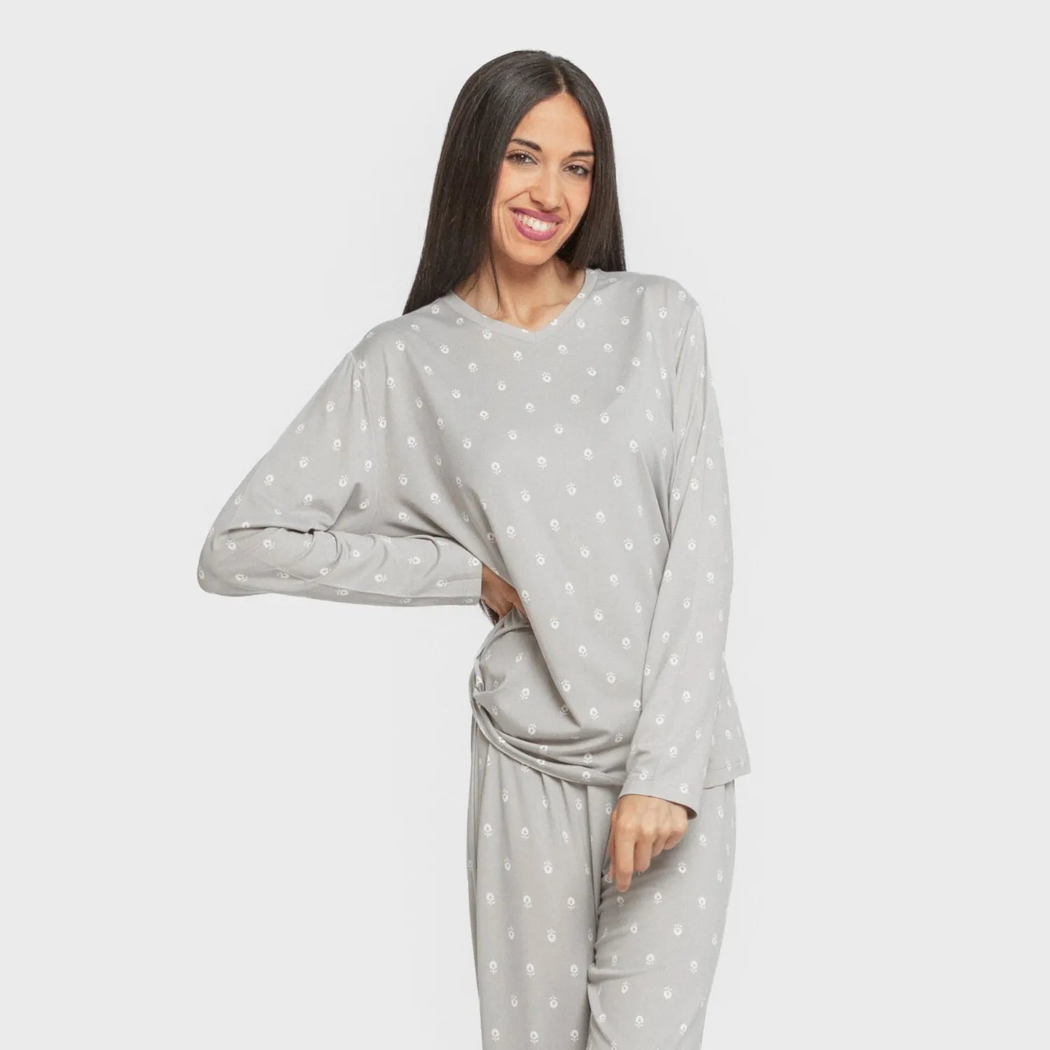 Pijama longo feminino cinza bebê macio