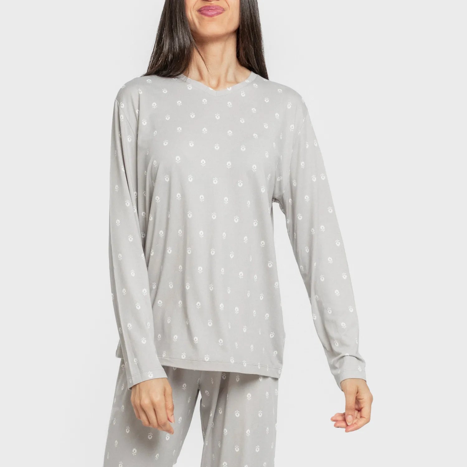 Pijama longo feminino cinza bebê macio