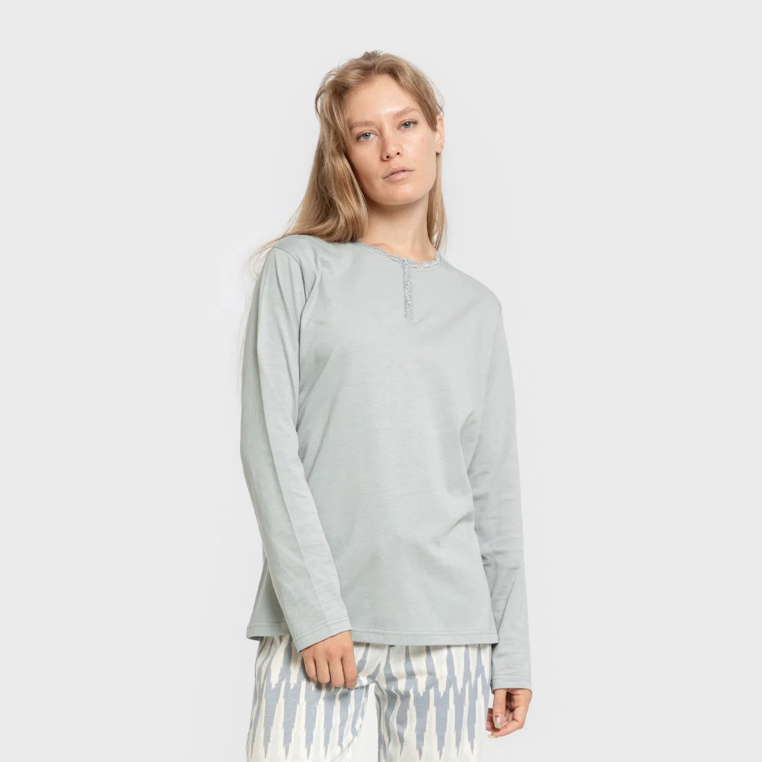 Pijama longo de algodão Lalita, azul-turquesa