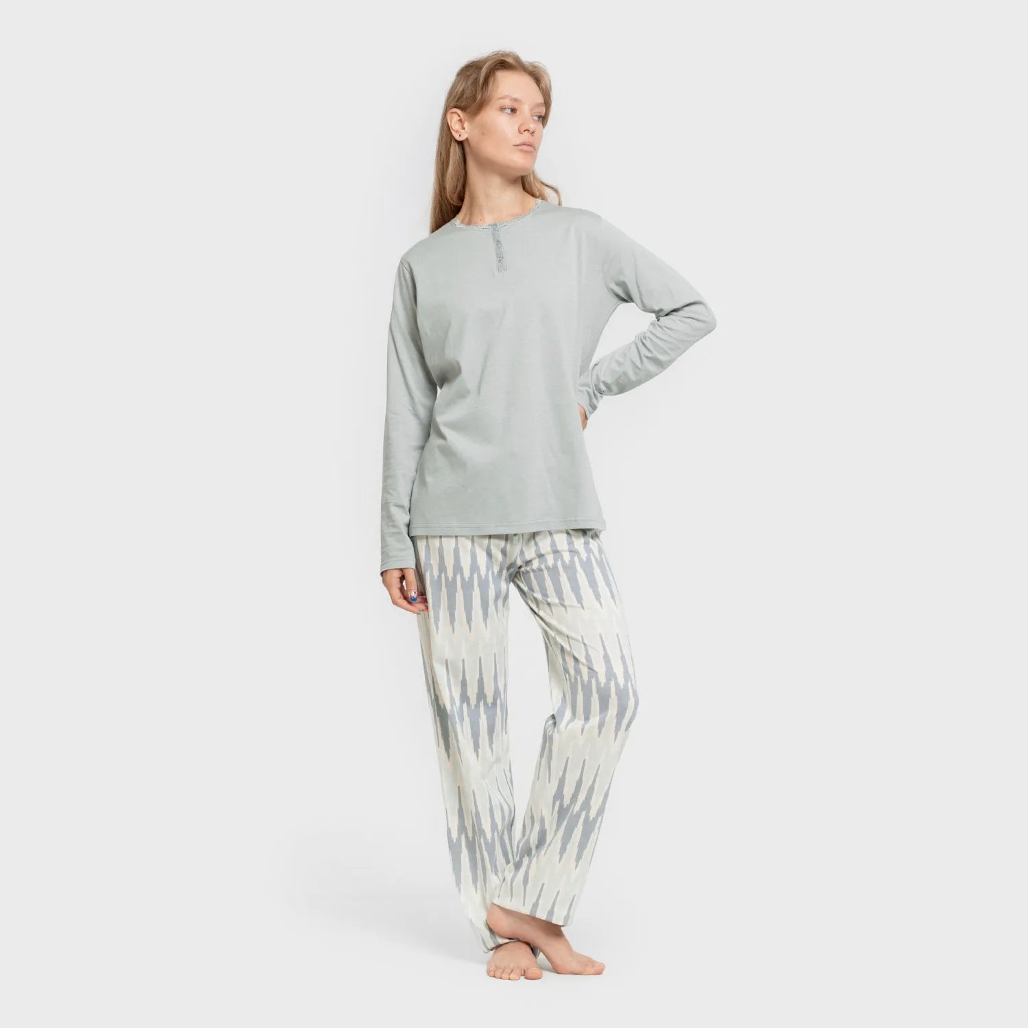 Pijama longo de algodão Lalita, azul-turquesa