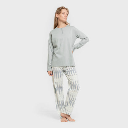 Pijama longo de algodão Lalita, azul-turquesa