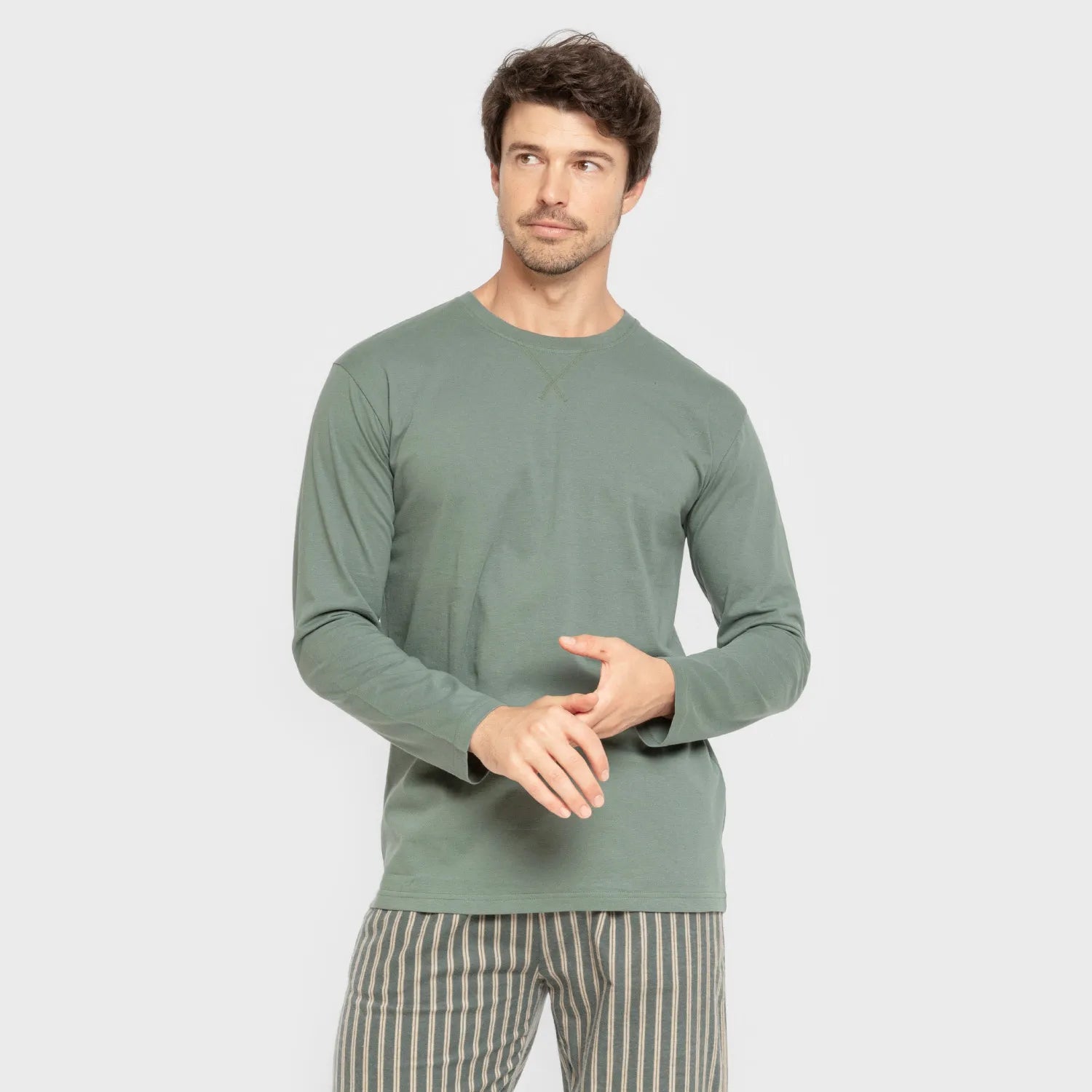 Pijama masculino de flanela, listrado Marseille, verde-areia