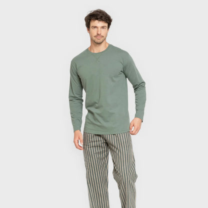 Pijama masculino de flanela, listrado Marseille, verde-areia