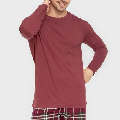 Pijama de flanela masculino, estampa xadrez Sauron, cor bordô.