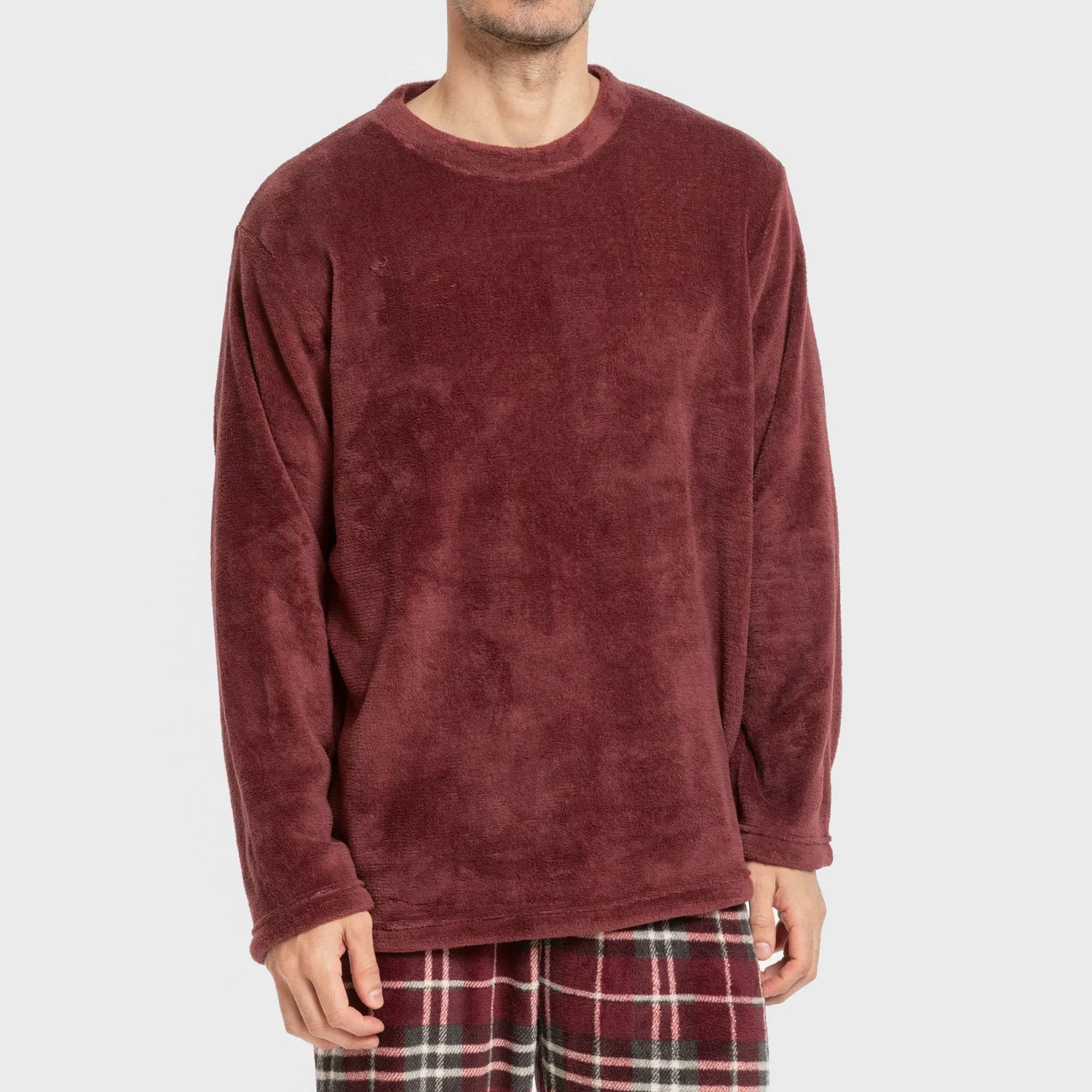 Pijama masculino de lã coral Sauron xadrez bordô