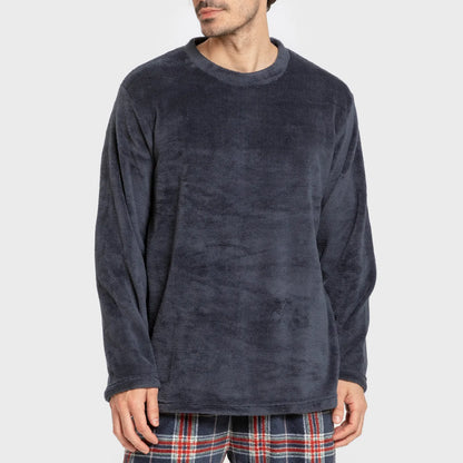 Pijama masculino de fleece coral, modelo Curtis, xadrez azul marinho.