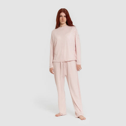 Pijama comprido feminino Secret, listrado Marseille, rosa