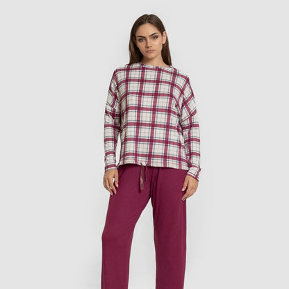 Pijama comprido feminino Secret, estampa Dalis em tom bordô