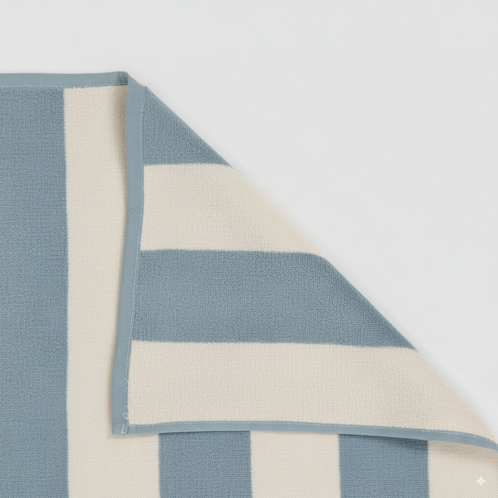 Toalha de praia em algodão 400g com listras azuis em denim.