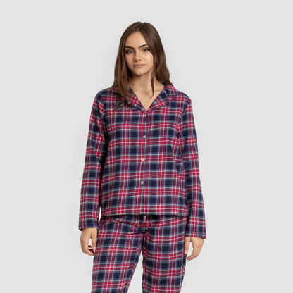 Pijama feminino de flanela de manga comprida, estilo camisa, xadrez Hemerito azul.