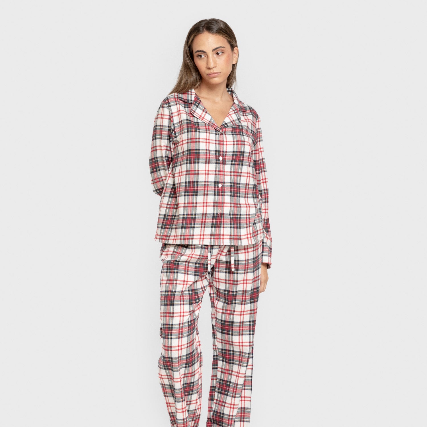 Pijama feminino de flanela de manga comprida, estilo camisa, xadrez vermelho mercúrio.