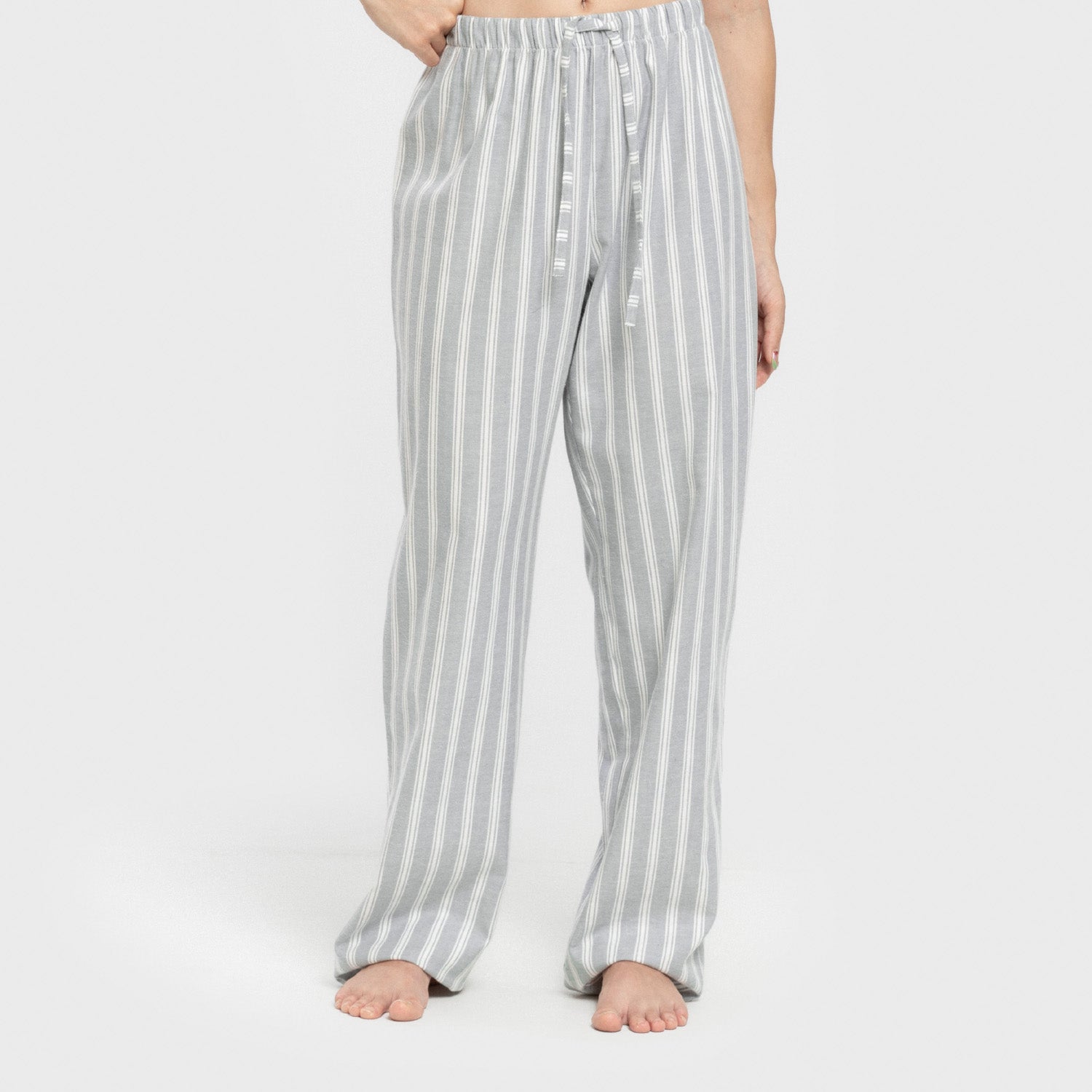 Pijama feminino de flanela de manga comprida, estilo camisa, listrado Marseille, azul-petróleo.