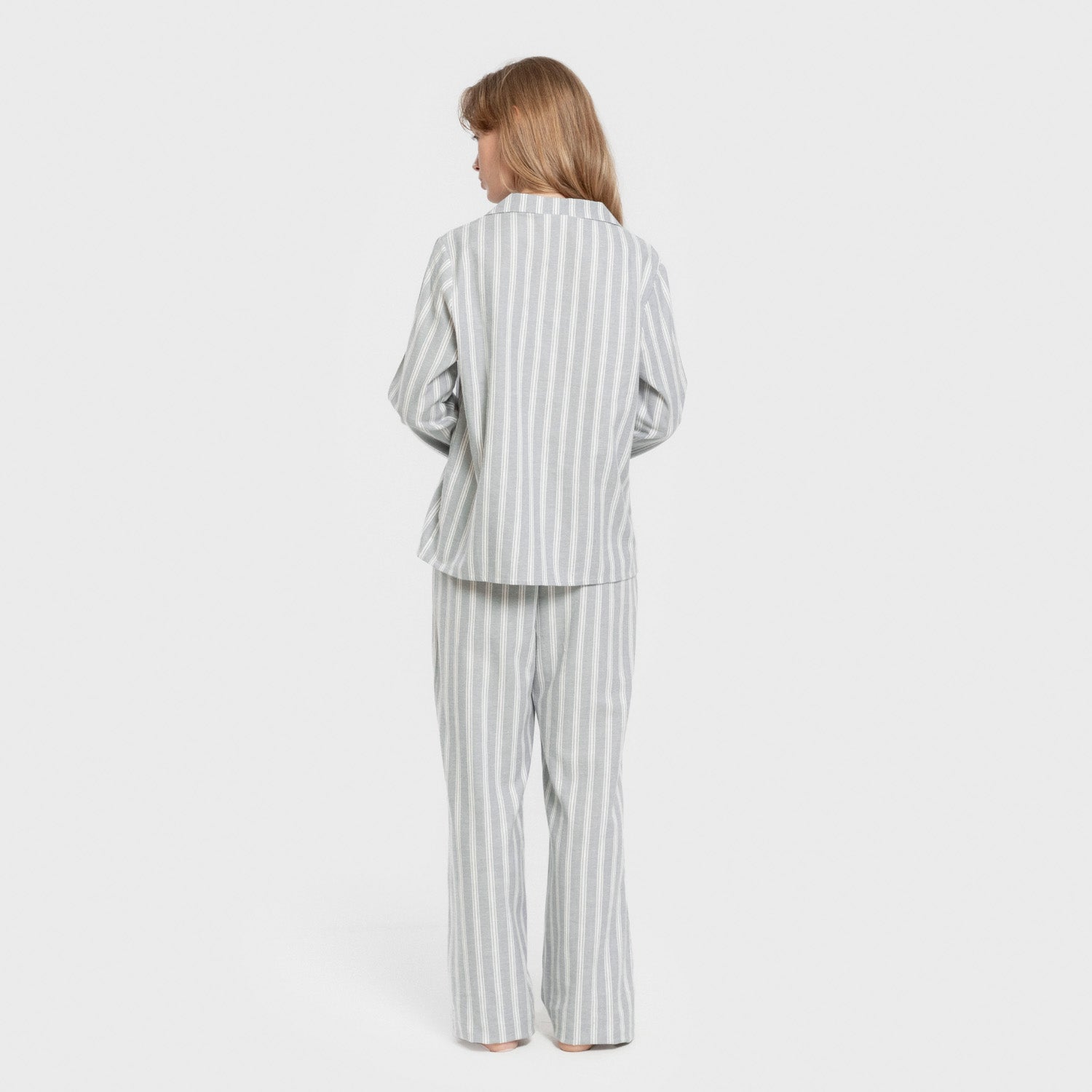 Pijama feminino de flanela de manga comprida, estilo camisa, listrado Marseille, azul-petróleo.