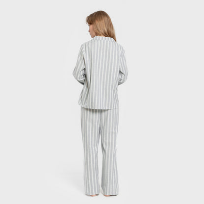 Pijama feminino de flanela de manga comprida, estilo camisa, listrado Marseille, azul-petróleo.
