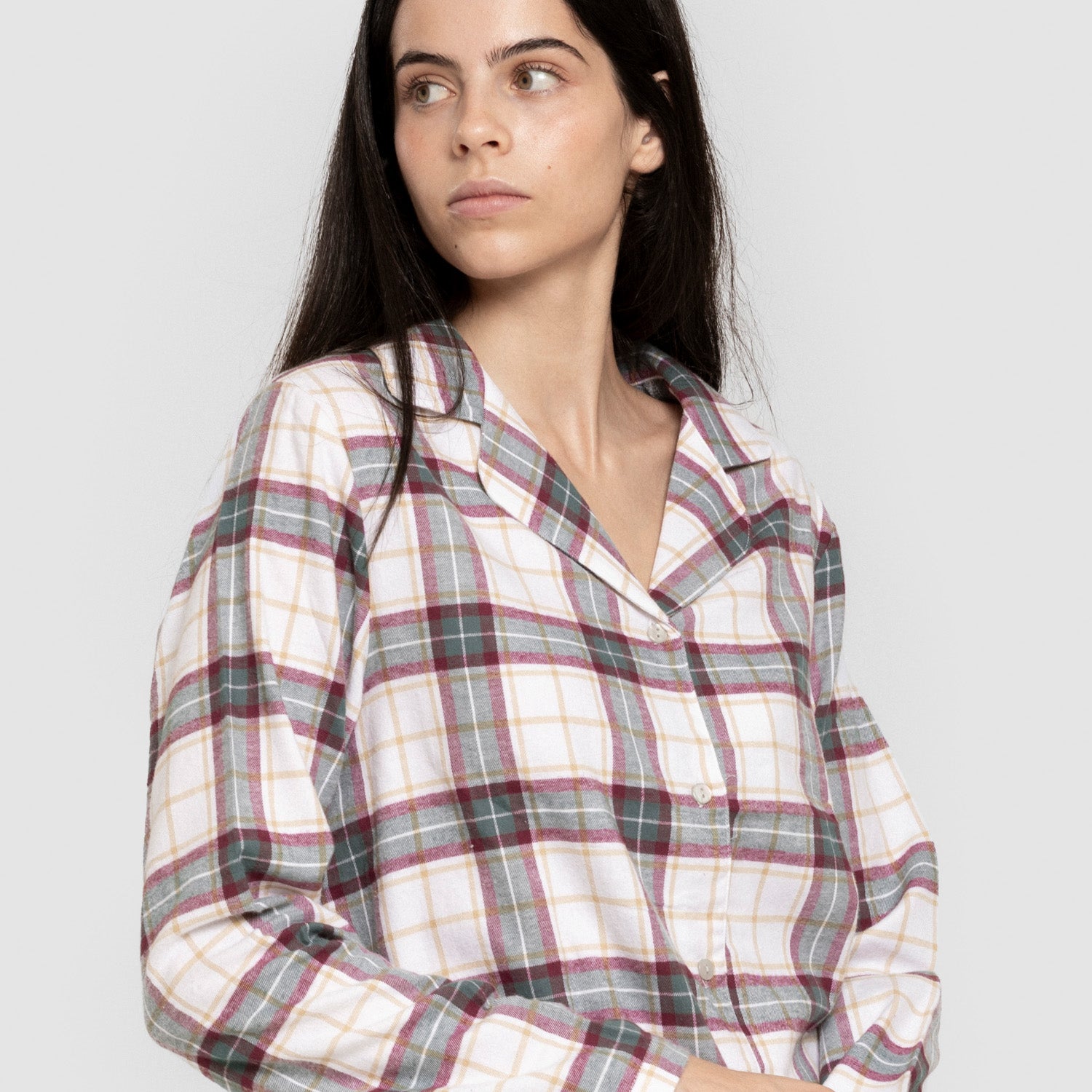 Pijama feminino de flanela de manga comprida, estilo camisa xadrez floral verde.