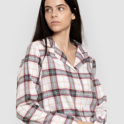 Pijama feminino de flanela de manga comprida, estilo camisa xadrez floral verde.