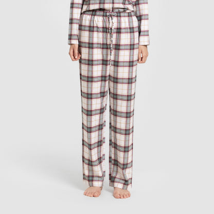 Pijama feminino de flanela de manga comprida, estilo camisa xadrez floral verde.