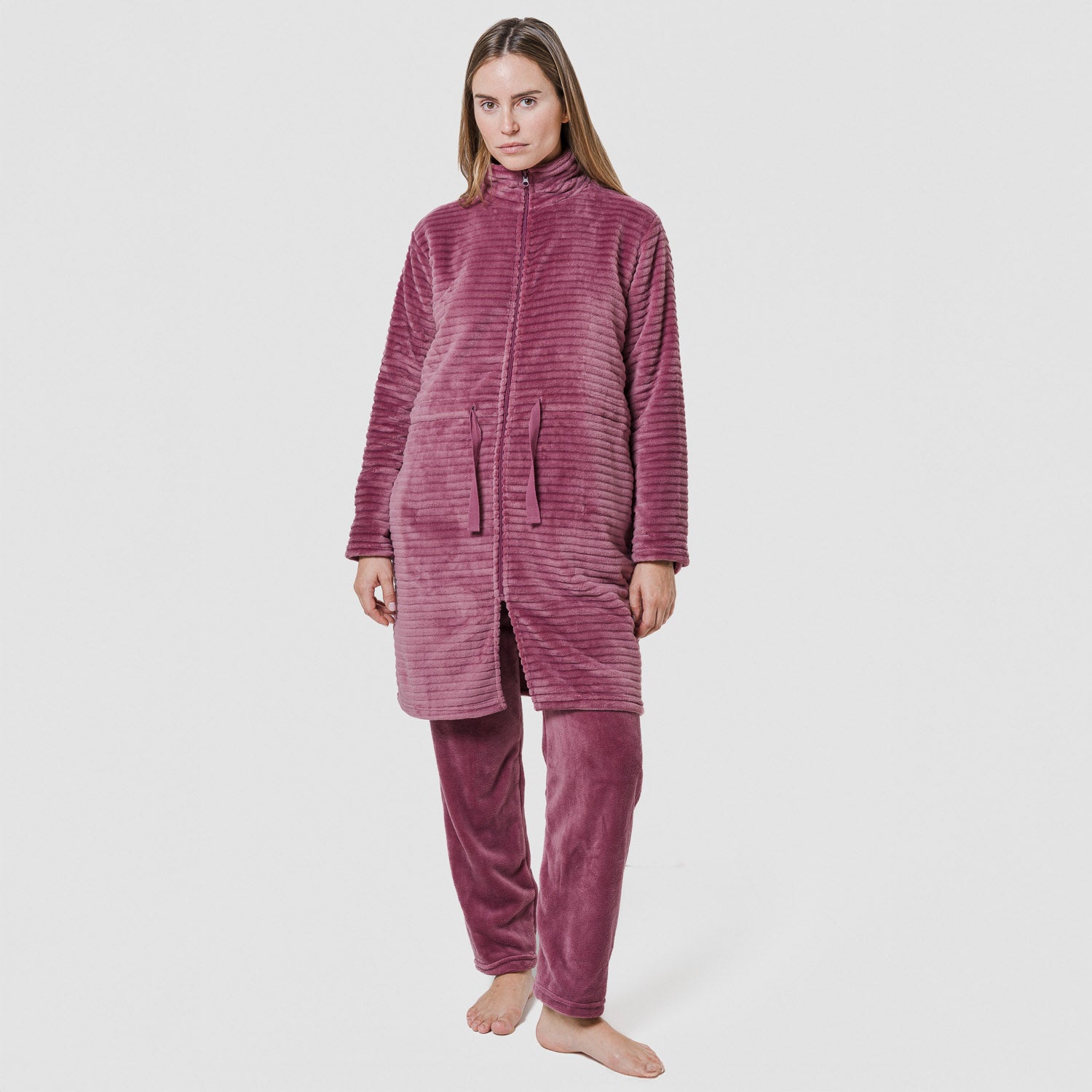 Bata terciopelo raya cremallera Malva Rosa