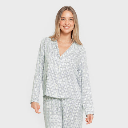 Pijama feminino de manga comprida em viscose cor orquídea-água