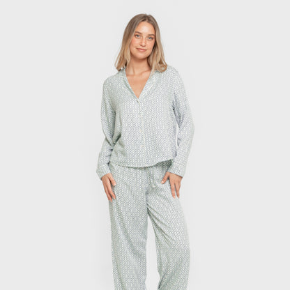 Pijama feminino de manga comprida em viscose cor orquídea-água