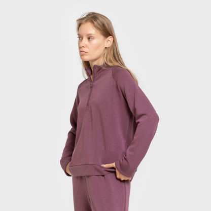 Blusa de moletom feminina estilo modal com meio zíper, cor berinjela.