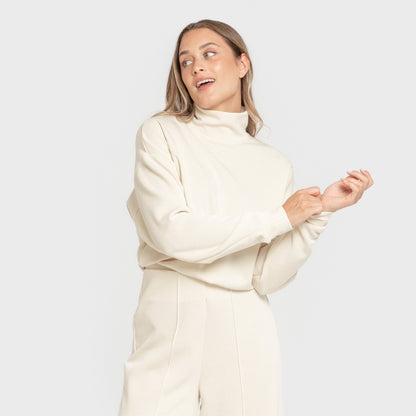 Blusa de moletom feminina de gola alta em modal, branca natural