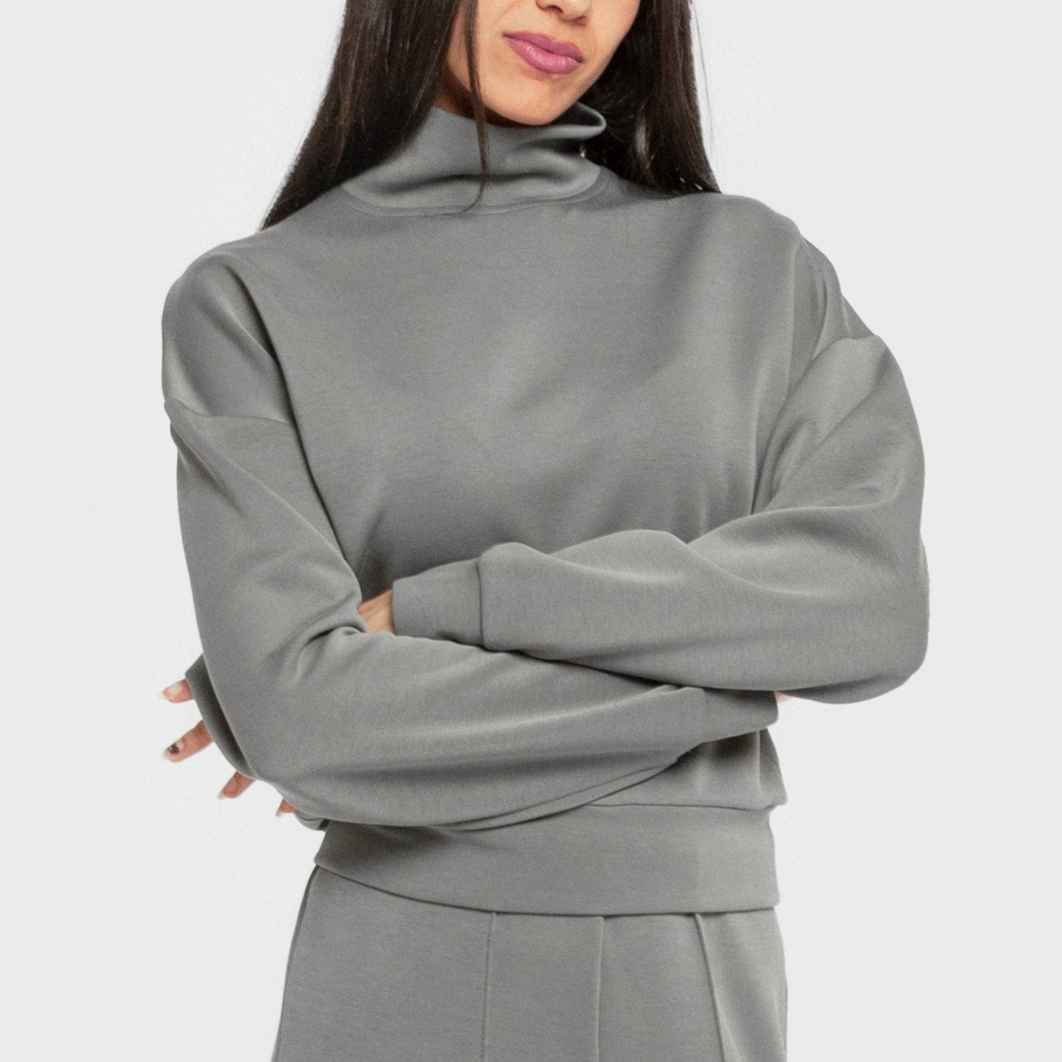 Blusa de moletom feminina de gola alta em modal na cor azul-turquesa