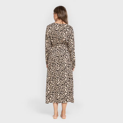 Vestido midi preto de viscose com mangas compridas em V da Vitamin.