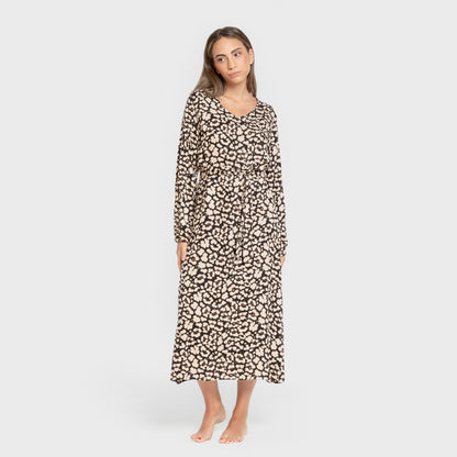 Vestido midi preto de viscose com mangas compridas em V da Vitamin.